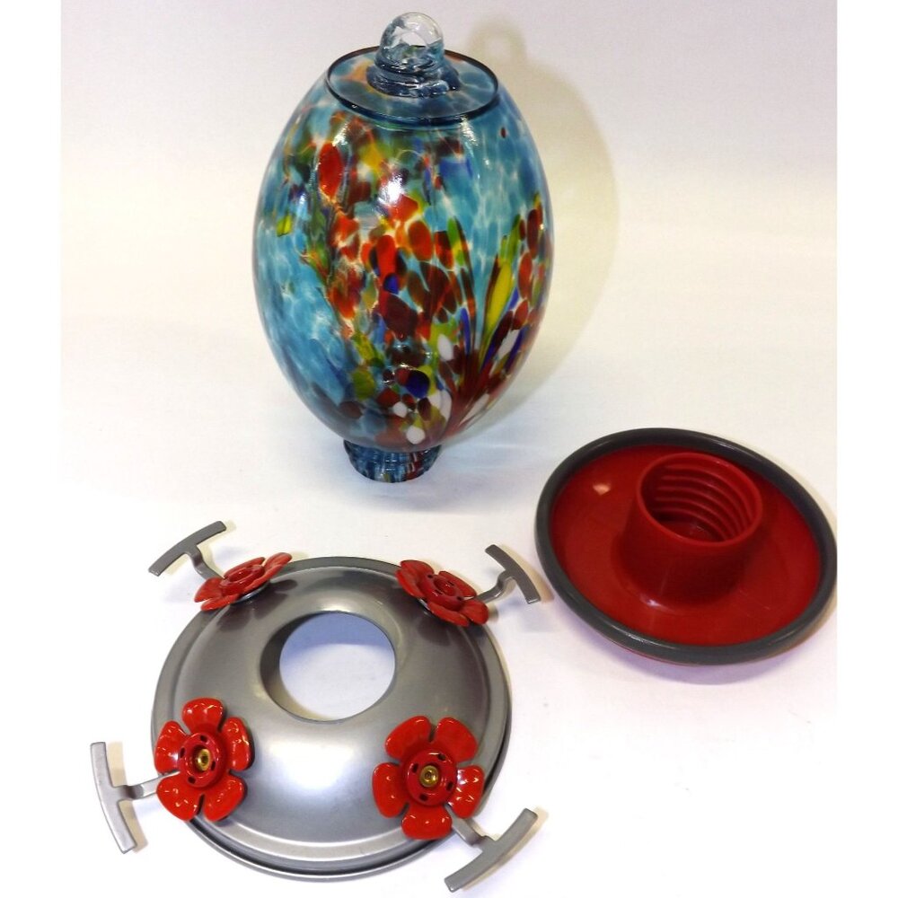 Muse Garden Hand-Blown Glass Hummingbird Feeder Multicolor Red Flower Ports - Picture 9 of 11